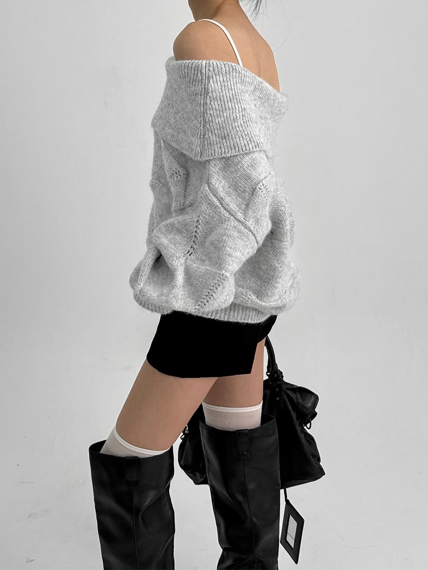 Kened punching off-shoulder wool knit / gray【Hearts2Hearts(H2H) ian】