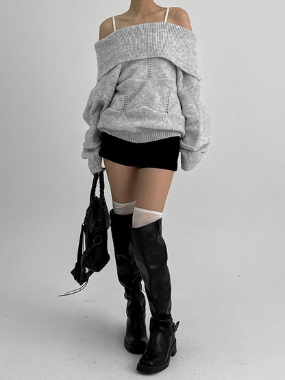 Kened punching off-shoulder wool knit / gray【Hearts2Hearts(H2H) ian】