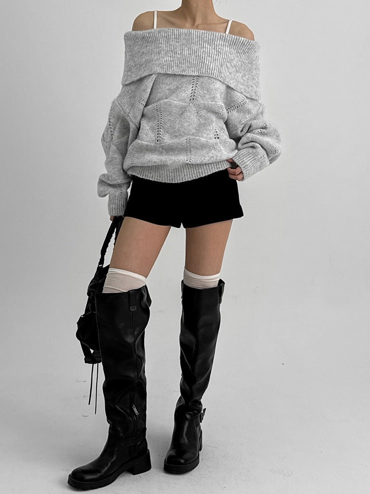 Kened punching off-shoulder wool knit / gray【Hearts2Hearts(H2H) ian】