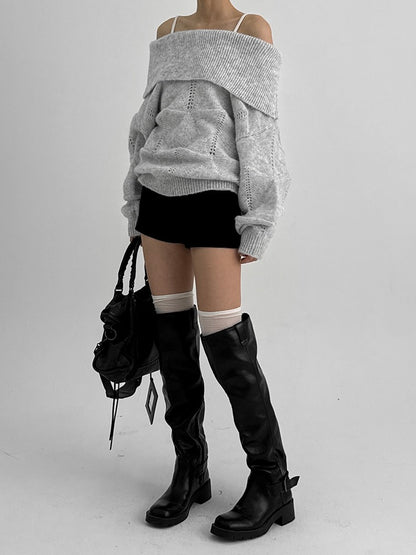 Kened punching off-shoulder wool knit / gray【Hearts2Hearts(H2H) ian】