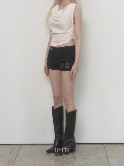 Leather patch cargo short pants / black