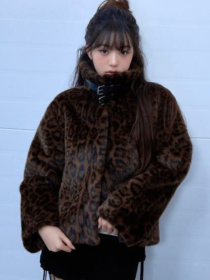 Leopard collar fur jacket brown【IVE ウォニョン着用】