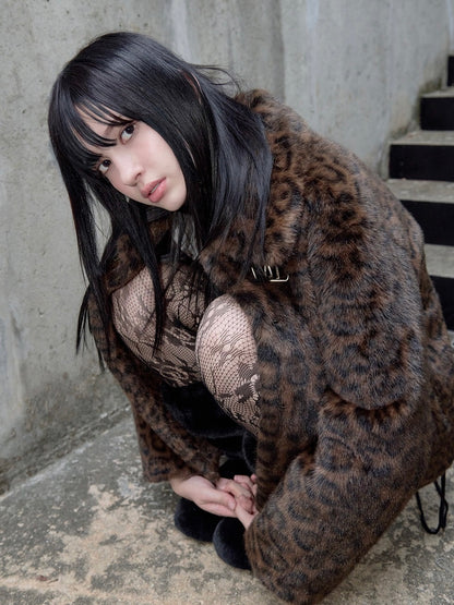 Leopard collar fur jacket brown【IVE ウォニョン着用】