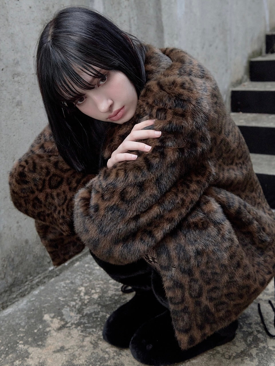 Leopard collar fur jacket brown【IVE ウォニョン着用】