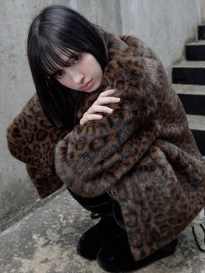 Leopard collar fur jacket brown【IVE ウォニョン着用】