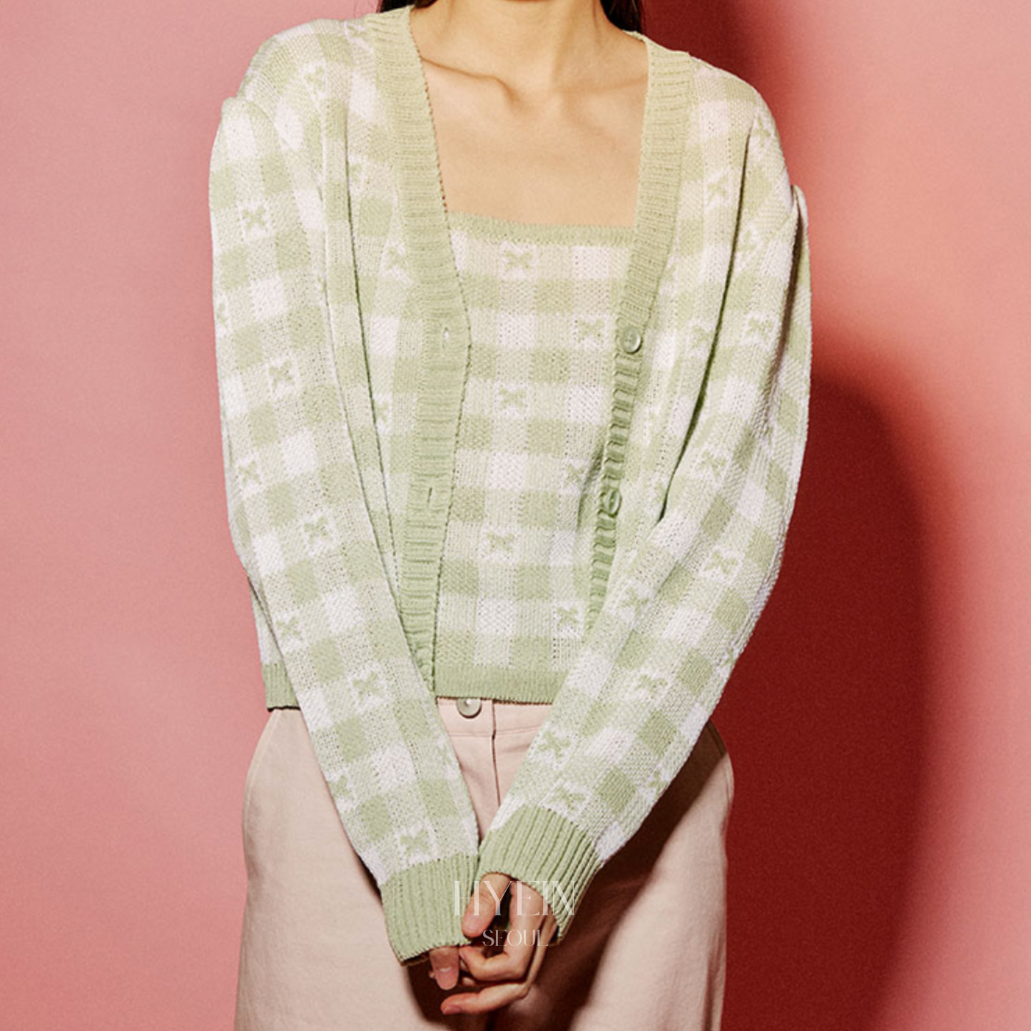 【aespa ウィンター着用】Lona knit cardigan set / light green