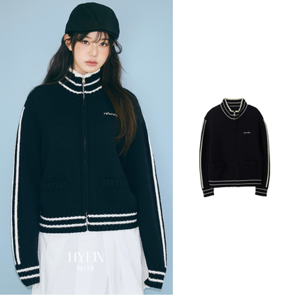 Maison de rola embroidery wool blended knit zip-up black【IVE ウォニョン着用】