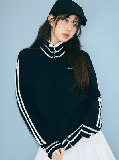 Maison de rola embroidery wool blended knit zip-up black【IVE ウォニョン着用】