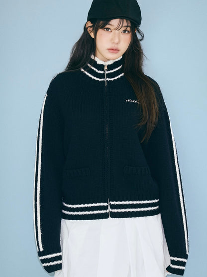 Maison de rola embroidery wool blended knit zip-up black【IVE ウォニョン着用】