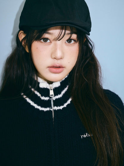 Maison de rola embroidery wool blended knit zip-up black【IVE ウォニョン着用】