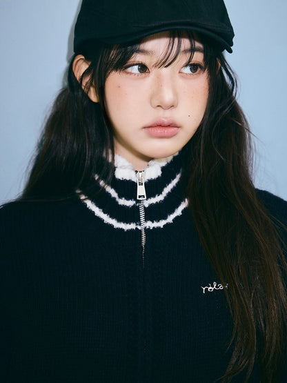 Maison de rola embroidery wool blended knit zip-up black【IVE ウォニョン着用】