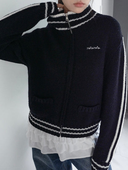 Maison de rola embroidery wool blended knit zip-up black【IVE ウォニョン着用】