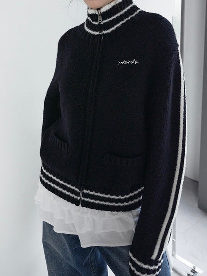 Maison de rola embroidery wool blended knit zip-up black【IVE ウォニョン着用】