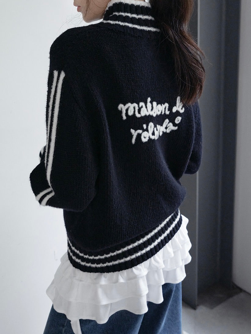 Maison de rola embroidery wool blended knit zip-up black【IVE ウォニョン着用】