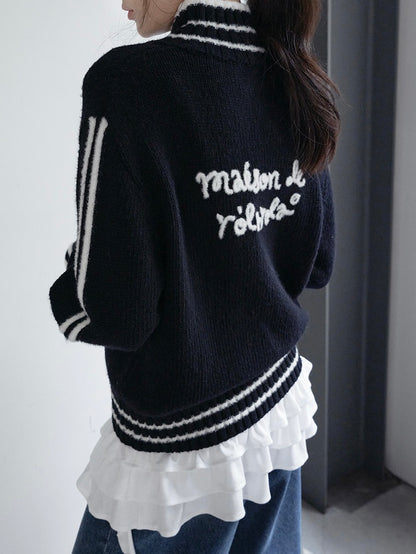 Maison de rola embroidery wool blended knit zip-up black【IVE ウォニョン着用】
