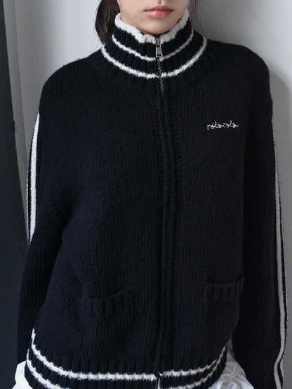 Maison de rola embroidery wool blended knit zip-up black【IVE ウォニョン着用】