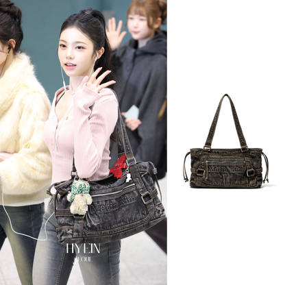 Matin washed denim square bag in black【Hearts2Hearts(H2H) イアン着用】