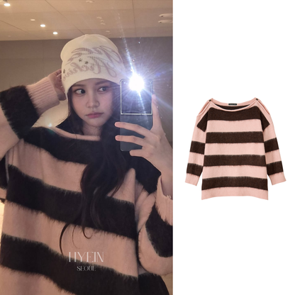 Off-shoulder mohair striped knit in pink and brown【Hearts2Hearts(H2H) カルメン着用】
