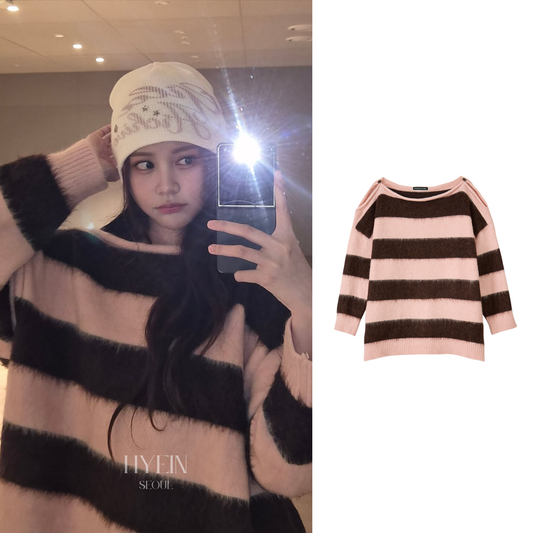 Off-shoulder mohair striped knit in pink and brown【Hearts2Hearts(H2H) carmen】