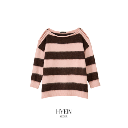 Off-shoulder mohair striped knit in pink and brown【Hearts2Hearts(H2H) カルメン着用】