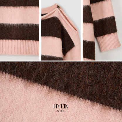 Off-shoulder mohair striped knit in pink and brown【Hearts2Hearts(H2H) カルメン着用】