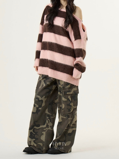Off-shoulder mohair striped knit in pink and brown【Hearts2Hearts(H2H) カルメン着用】