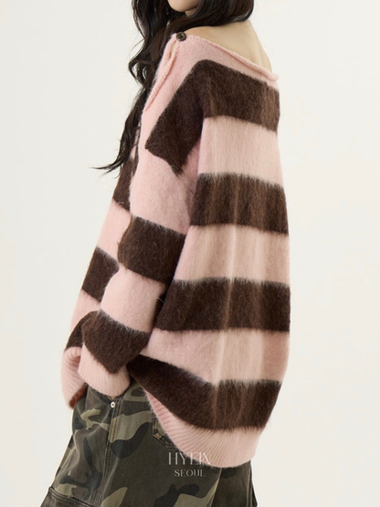 Off-shoulder mohair striped knit in pink and brown【Hearts2Hearts(H2H) カルメン着用】