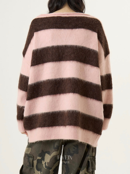 Off-shoulder mohair striped knit in pink and brown【Hearts2Hearts(H2H) カルメン着用】