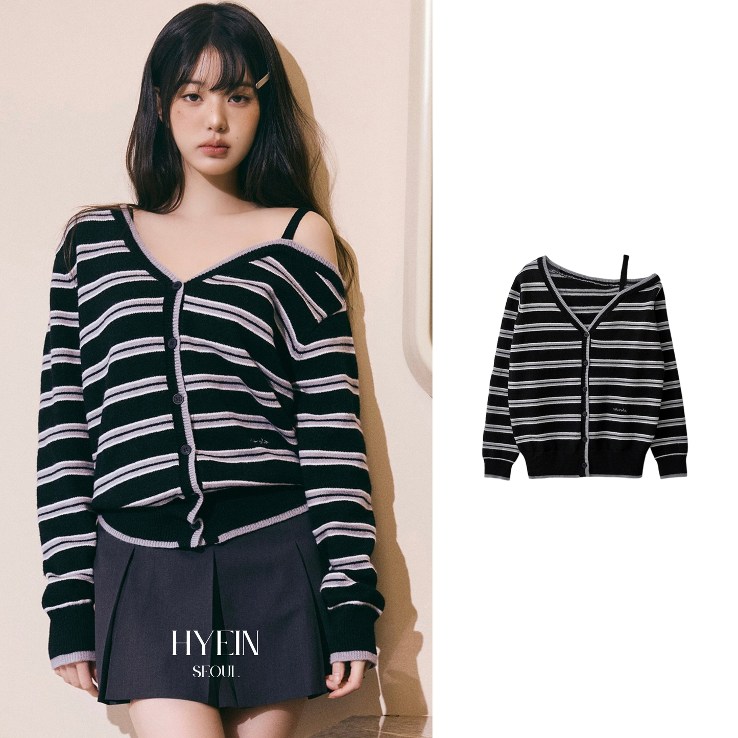 One off shoulder stripe wool blended cardigan black【IVE ウォニョン着用】