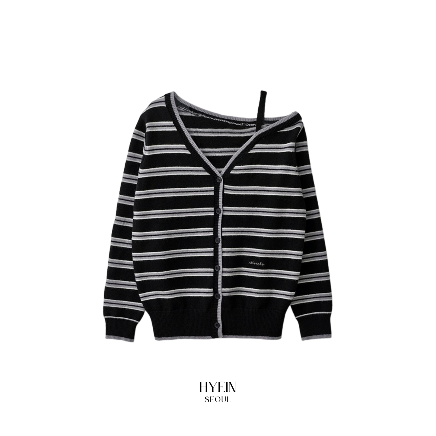 One off shoulder stripe wool blended cardigan black【IVE ウォニョン着用】
