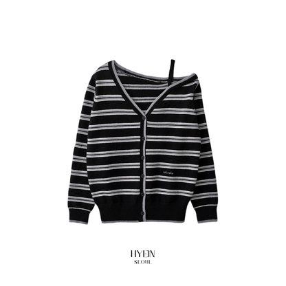 One off shoulder stripe wool blended cardigan black【IVE ウォニョン着用】