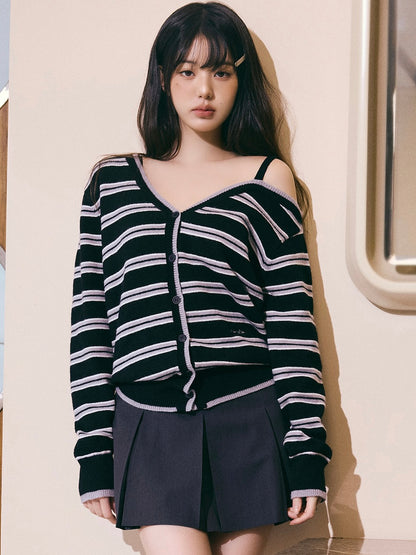 One off shoulder stripe wool blended cardigan black【IVE ウォニョン着用】