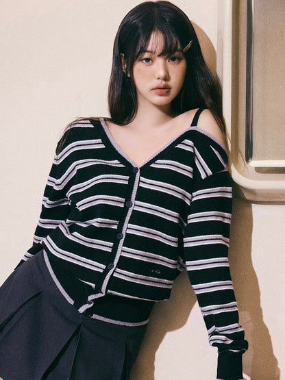 One off shoulder stripe wool blended cardigan black【IVE ウォニョン着用】