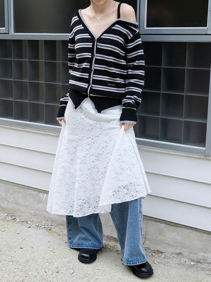 One off shoulder stripe wool blended cardigan black【IVE ウォニョン着用】