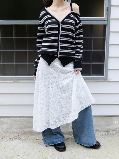 One off shoulder stripe wool blended cardigan black【IVE ウォニョン着用】