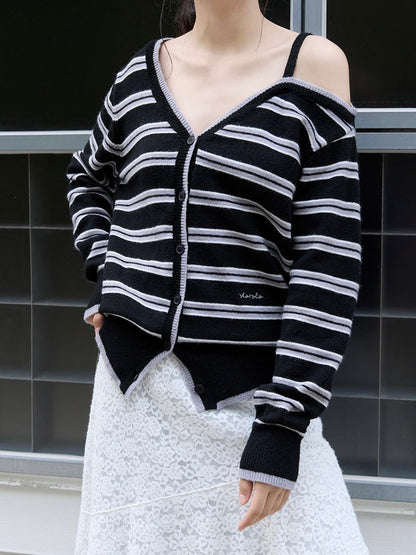 One off shoulder stripe wool blended cardigan black【IVE ウォニョン着用】