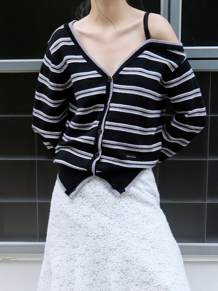 One off shoulder stripe wool blended cardigan black【IVE ウォニョン着用】