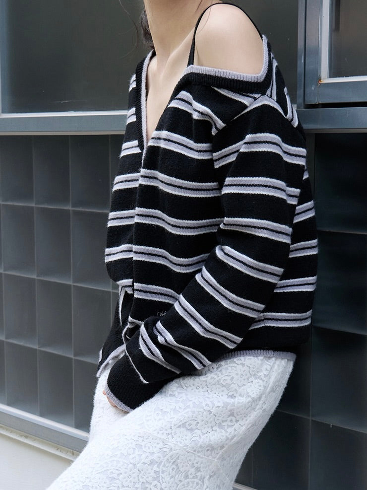 One off shoulder stripe wool blended cardigan black【IVE ウォニョン着用】