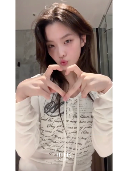 Pale print lace up long sleeve top / white【ILLIT イロハ着用】