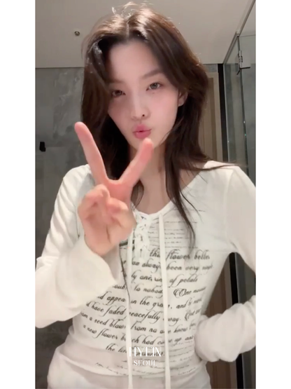 Pale print lace up long sleeve top / white【ILLIT イロハ着用】