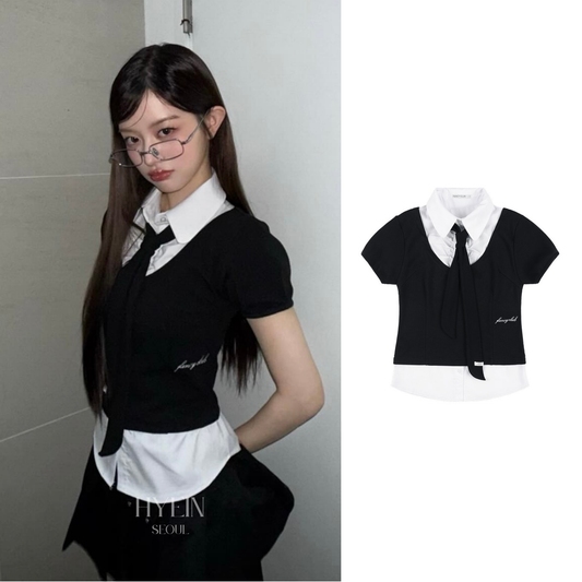 Preppy ribbon tie shirt / black