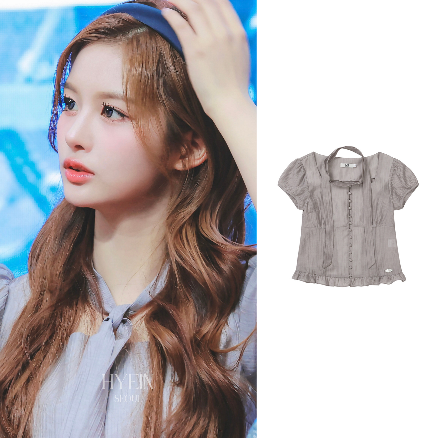 Ribbon tie square neck blouse / gray