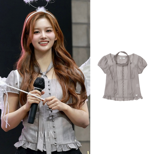 Ribbon tie square neck blouse / gray