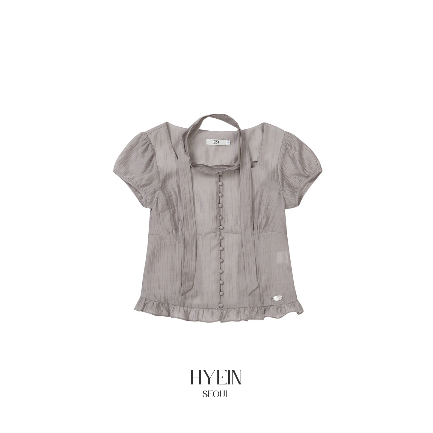 Ribbon tie square neck blouse / gray