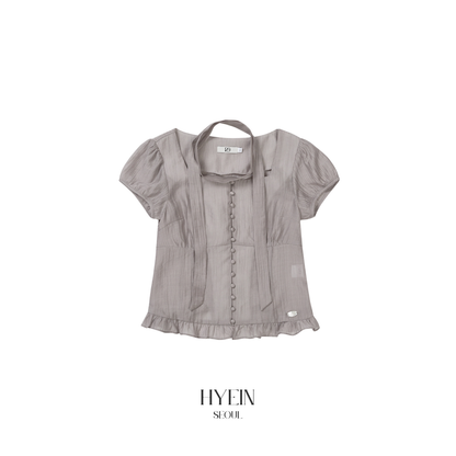 Ribbon tie square neck blouse / gray