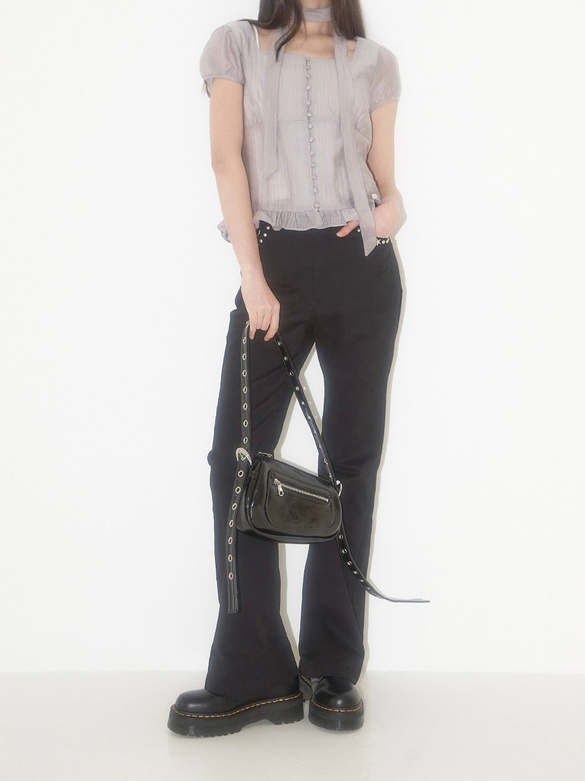 Ribbon tie square neck blouse / gray