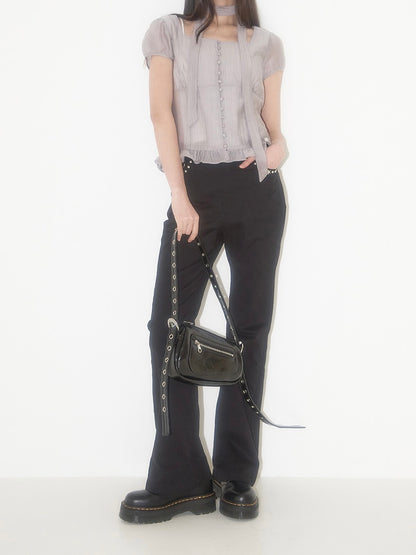 Ribbon tie square neck blouse / gray