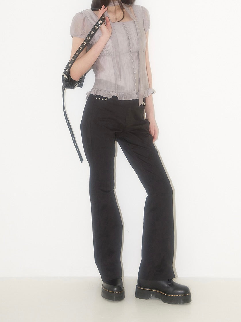 Ribbon tie square neck blouse / gray