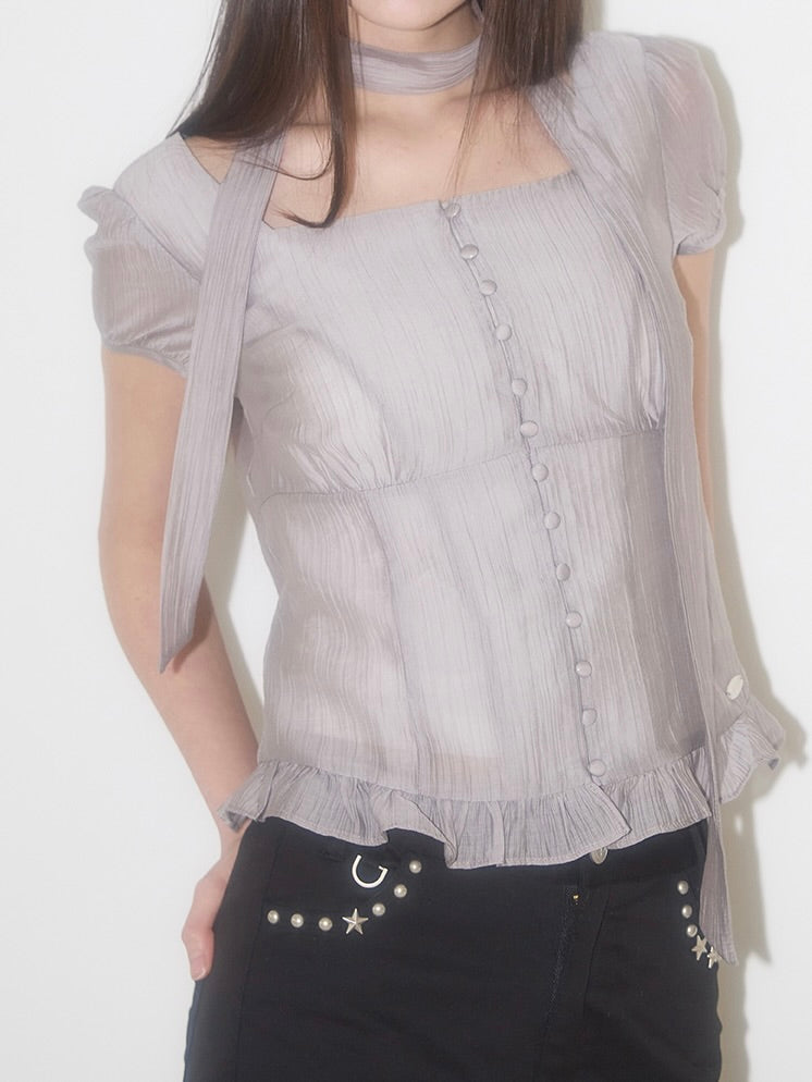 Ribbon tie square neck blouse / gray