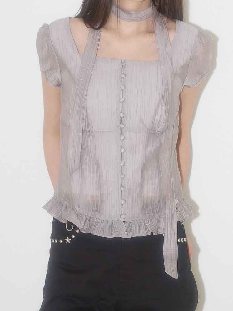 Ribbon tie square neck blouse / gray